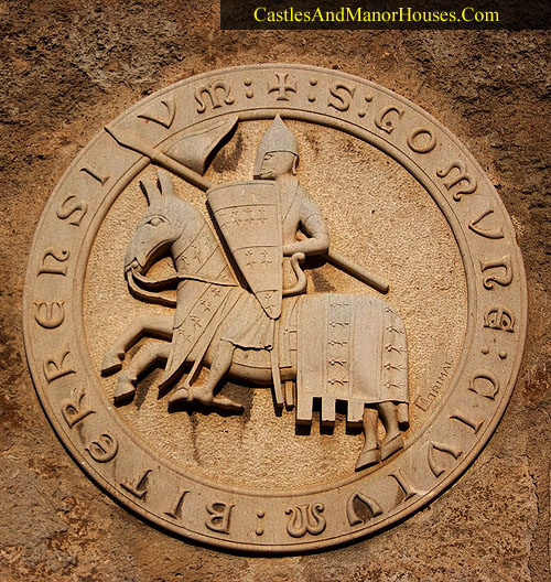Trencavel seal reproduced on the exterior wall of the Church of Saint Mary Magdalene, Béziers, Aude, Languedoc, France - www.castlesandmanorhouses.com